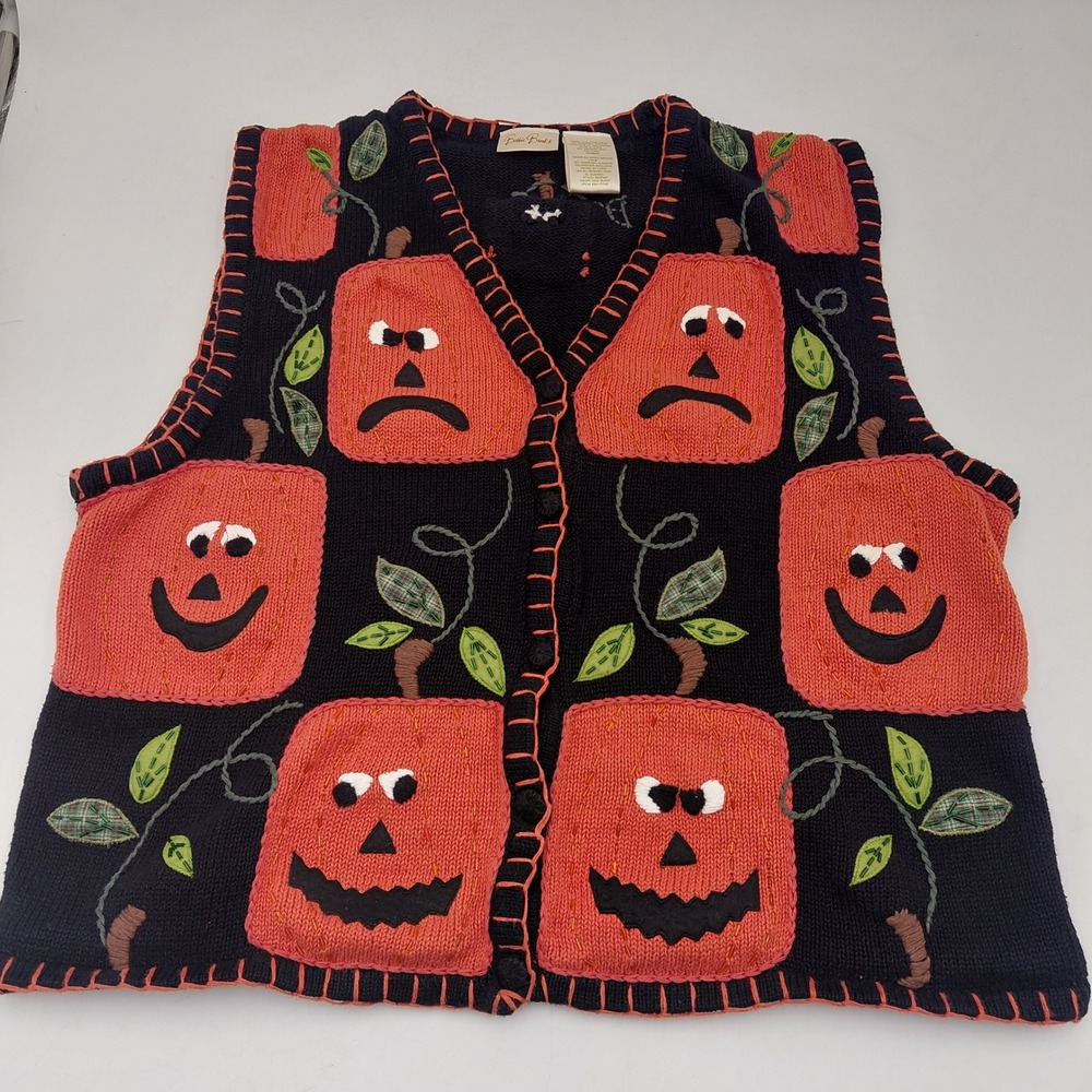 Vtg Bobbie Brooks Halloween Pumpkin Sweater Vest XL Black Jack-O-Lantern Grandma